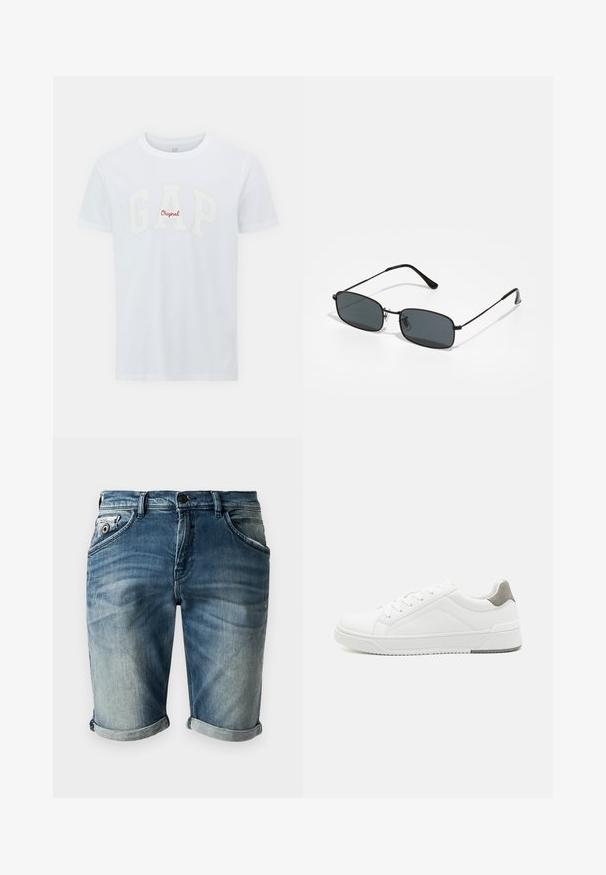 Λευκό βαμβακερό T-shirt με μεγάλο, υφασμένο λογότυπο "GAP" σε κρεμ απόχρωση και μικρότερο κόκκινο κείμενο "Original" από κάτω. Σχεδίαση με κοντά μανίκια και στρογγυλή λαιμόκοψη.; Jean σορτς σε ξεθωριασμένο μπλε τόνο με ελαφρώς φθαρμένη υφή. Διαθέτει διπλωμένα μπατζάκια, μπροστινές τσέπες και κλασικό κλείσιμο με κουμπί.; Λευκά αθλητικά παπούτσια από λεία δέρμα, με στρογγυλή μύτη, μινιμαλιστικό σχέδιο, γκρι λεπτομέρεια στη φτέρνα και υφασμάτινη αντιολισθητική σόλα.; Μαύρα ορθογώνια γυαλιά ηλίου με λεπτό μεταλλικό πλαίσιο και σκουρόχρωμους φακούς που ακουμπούν σε λευκή επιφάνεια.