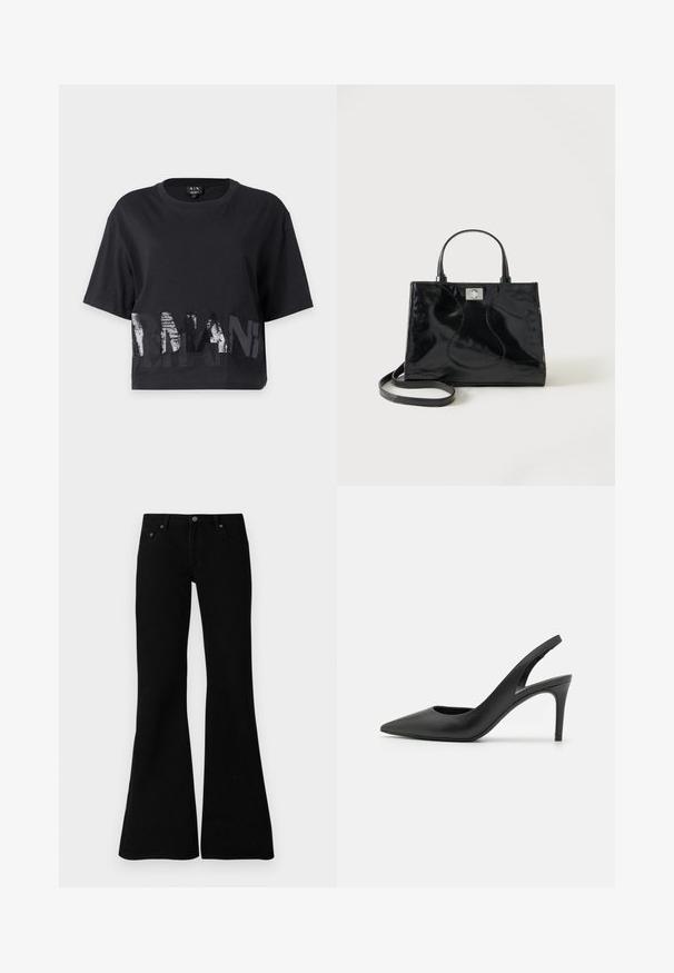 Zwarte cropped T-shirt met korte mouwen en reflecterende zilveren letters die een deel van "ARMANI" vormen aan de voorkant, ronde halslijn.; Zwarte flare jeans van denim, met een klassiek vijf-pocket ontwerp, knoopsluiting en subtiele stiksels langs de naden.; Zwarte leren slingback hoge hakken met een puntige neus, met een uitsparing aan de voorkant en een dunne stilettohak.; Zwarte handtas van lakleer met afgeronde handgrepen, een afneembare schouderriem en zilveren sluiting op een effen witte achtergrond.