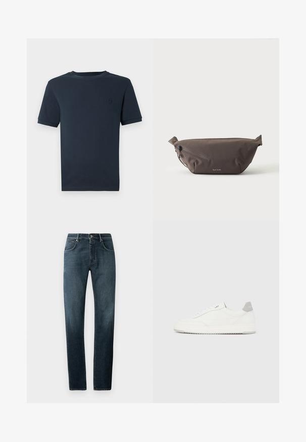 Donkerblauwe katoenen t-shirt met korte mouwen, ronde hals en een klein, gestructureerd logo op de linkerborst. Gladde stofafwerking.; Donkerdenim jeans met een rechte pasvorm, klassiek vijf-pocket ontwerp, contrasterende stiksels en een subtiele vervagingseffect bij de dijen.; Witte lage sneaker met grijze hielpatch, witte veters en een gestructureerde zool, gepresenteerd op een effen lichte achtergrond.; Donkerbruine stoffen heuptas met diagonale ritssluiting en klein wit logo aan de voorkant, tegen een effen lichte achtergrond.