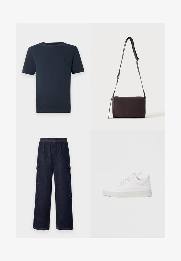 Dunkelblaue Baumwoll-T-Shirt mit kurzen Ärmeln, Rundhalsausschnitt und kleinem, strukturiertem Logo auf der linken Brustseite. Glatte Stoffoberfläche.; Dunkelblaue Denim-Cargo-Hosen mit einem entspannten Schnitt, ausgestattet mit einem elastischen Bund, Seitentaschen und kontrastierenden Nähdetails.; Weißer Ledersneaker mit abgerundetem Zehenbereich, flacher Sohle und Schnürverschluss. Verfügt über Nahtdetails und einen gepolsterten Kragen für zusätzlichen Komfort.; Dunkelbraune, strukturierte Leder-Crossbody-Tasche mit verstellbarem Riemen und kleinem dekorativen blauen Akzent an der Seite.