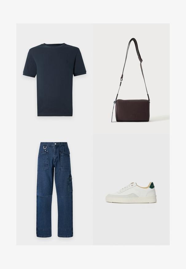 Donkerblauwe katoenen t-shirt met korte mouwen, ronde hals en een klein, gestructureerd logo op de linkerborst. Gladde stofafwerking.; Donkerblauwe denim cargo broek met een rechte snit, voorzien van meerdere zakken, metalen hardware en contrasterende stiksels.; Witte sneaker met suède accenten, ronde neus, platte veters en een crème rubberen zool. Bevat groene branding op de hiel.; Donkerbruine gestructureerde leren crossbodytas met verstelbare riem en klein decoratief blauw accent aan de zijkant.
