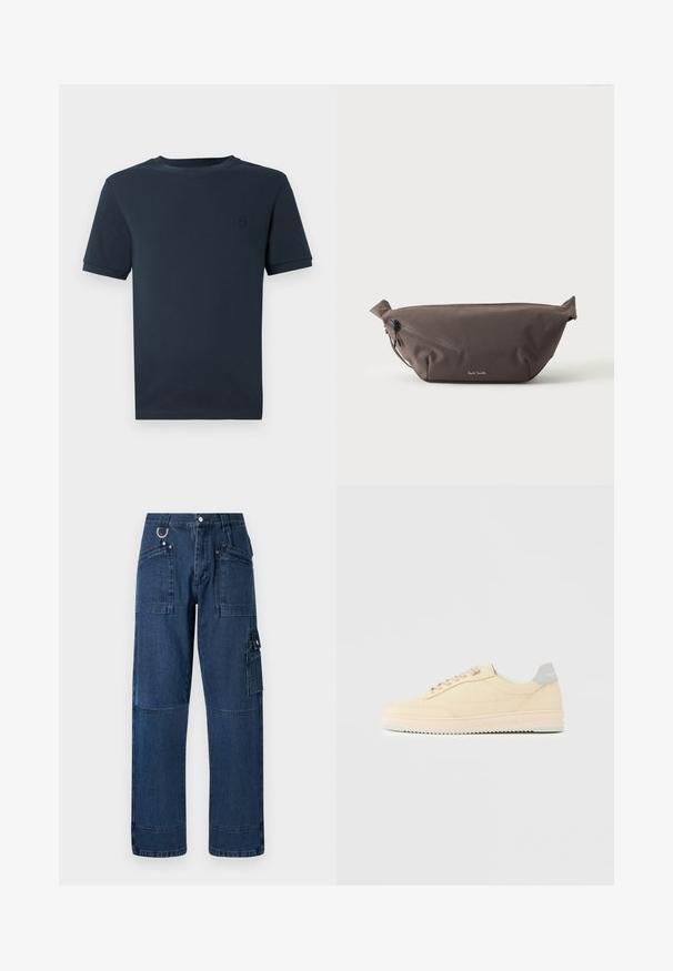 Donkerblauwe katoenen t-shirt met korte mouwen, ronde hals en een klein, gestructureerd logo op de linkerborst. Gladde stofafwerking.; Donkerblauwe denim cargo broek met een rechte snit, voorzien van meerdere zakken, metalen hardware en contrasterende stiksels.; Beige lage sneaker met veters aan de voorkant, lichtroze zool en een grijze hieltab met het merk "Filling Pieces", zijaanzicht op een effen achtergrond.; Donkerbruine stoffen heuptas met diagonale ritssluiting en klein wit logo aan de voorkant, tegen een effen lichte achtergrond.
