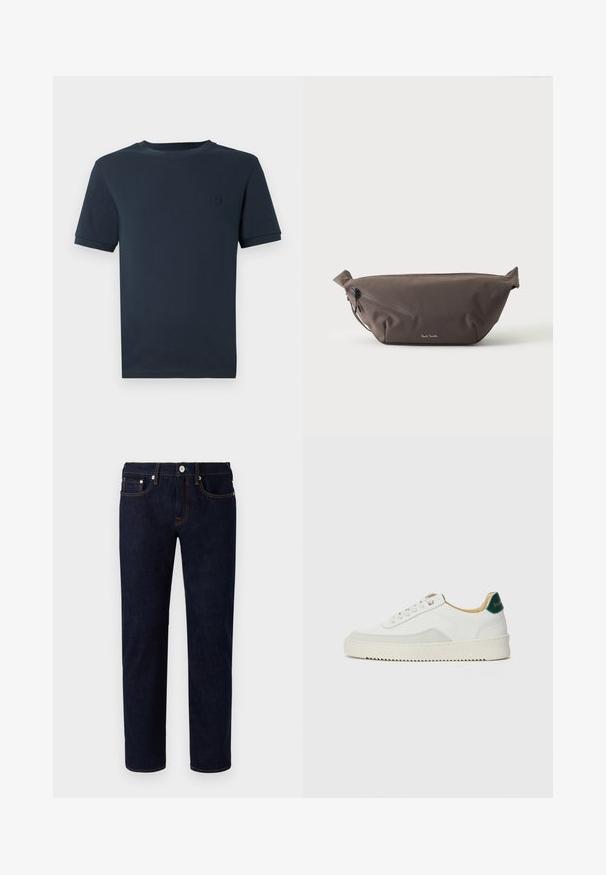 Dunkelblaue Baumwoll-T-Shirt mit kurzen Ärmeln, Rundhalsausschnitt und kleinem, strukturiertem Logo auf der linken Brustseite. Glatte Stoffoberfläche.; Dunkelblaue Jeans aus Denim mit geradem Bein, orangefarbenen Nähten, fünf Taschen und einem vorderen Knopfverschluss.; Weiße Sneaker mit Wildlederelementen, runder Zehenpartie, flachen Schnürsenkeln und einer cremefarbenen Gummisohle. Mit grünen Markenlogo am Fersenbereich.; Dunkelbraune Stoff-Gürteltasche mit diagonalem Reißverschlussfach und kleinem weißen Logo vorne, vor einem einfarbigen hellen Hintergrund.