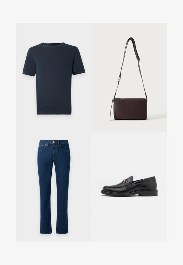 Dunkelblaue Baumwoll-T-Shirt mit kurzen Ärmeln, Rundhalsausschnitt und kleinem, strukturiertem Logo auf der linken Brustseite. Glatte Stoffoberfläche.; Dunkelblaue Denim-Jeans mit einem schlanken, geraden Bein, klassischem Fünf-Taschen-Design und einem Knopfverschluss am Bund.; Schwarze Lederleter mit einer abgerundeten Zehenpartie, ausgestattet mit goldenen Hardwareakzenten und Stichdetails, auf einer niedrigen, strukturierten Gummisohle.; Dunkelbraune, strukturierte Leder-Crossbody-Tasche mit verstellbarem Riemen und kleinem dekorativen blauen Akzent an der Seite.