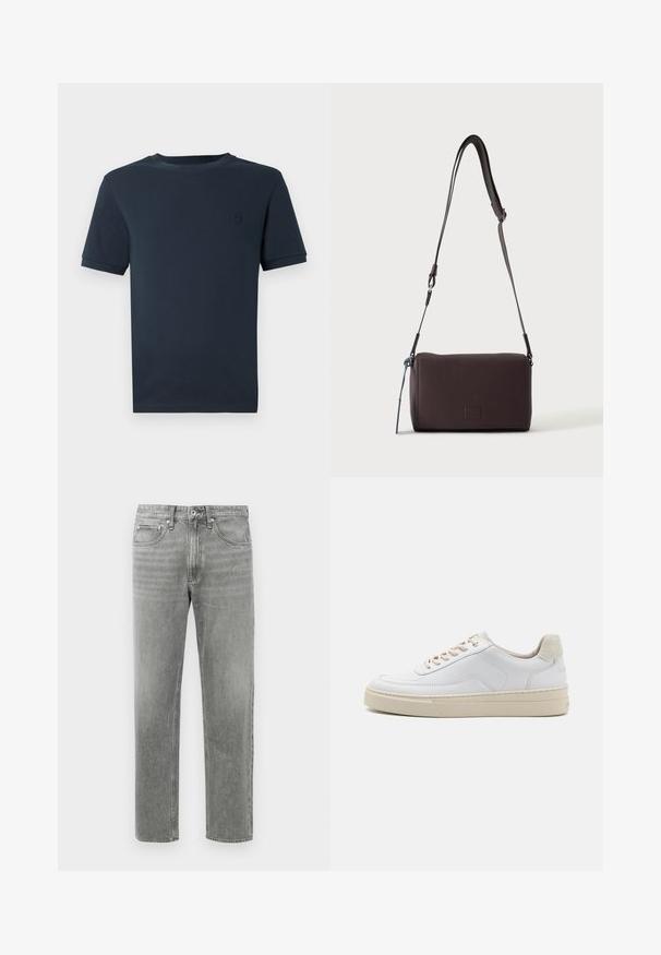Mørkeblå bomulds t-shirt med korte ærmer, rund hals og et lille tekstureret logo på venstre brystområde. Glat stoffinish.; Grå denim jeans med lige ben, der har et klassisk fem-lomme-design og subtilt slid for tekstur. Standard lynlåslukning.; Hvide sneakers med en glat læderoverdel, beige snørebånd og en tekstureret beige ruskindsheel-tab. Hævet sål for ekstra højde.; Mørkebrun textured læder crossbody taske med justerbar rem og lille dekorativ blå accent på siden.
