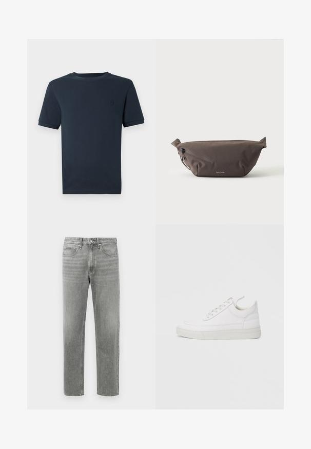 T-shirt en coton bleu foncé à manches courtes, col rond, et un petit logo texturé sur le côté gauche de la poitrine. Fini en tissu lisse.; Jean en denim gris à coupe droite, avec un design classique à cinq poches et un léger dégradé pour la texture. Fermeture éclair standard.; Baskets en cuir blanc avec un embout arrondi, une semelle plate et un laçage à l'avant. Présentent des détails de couture et un col rembourré pour plus de confort.; Sac banane en tissu marron foncé avec poche zippée en diagonale et petit logo blanc sur le devant, sur un fond clair uni.