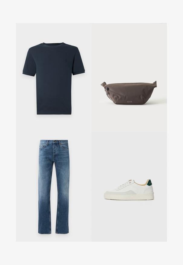 Donkerblauwe katoenen t-shirt met korte mouwen, ronde hals en een klein, gestructureerd logo op de linkerborst. Gladde stofafwerking.; Blauwe denim jeans met een rechte pijpdesign, vervaagde wassing, vijf zakken en contrasterende stiksels. Knopen- en ritssluiting bij de tailleband.; Witte sneaker met suède accenten, ronde neus, platte veters en een crème rubberen zool. Bevat groene branding op de hiel.; Donkerbruine stoffen heuptas met diagonale ritssluiting en klein wit logo aan de voorkant, tegen een effen lichte achtergrond.
