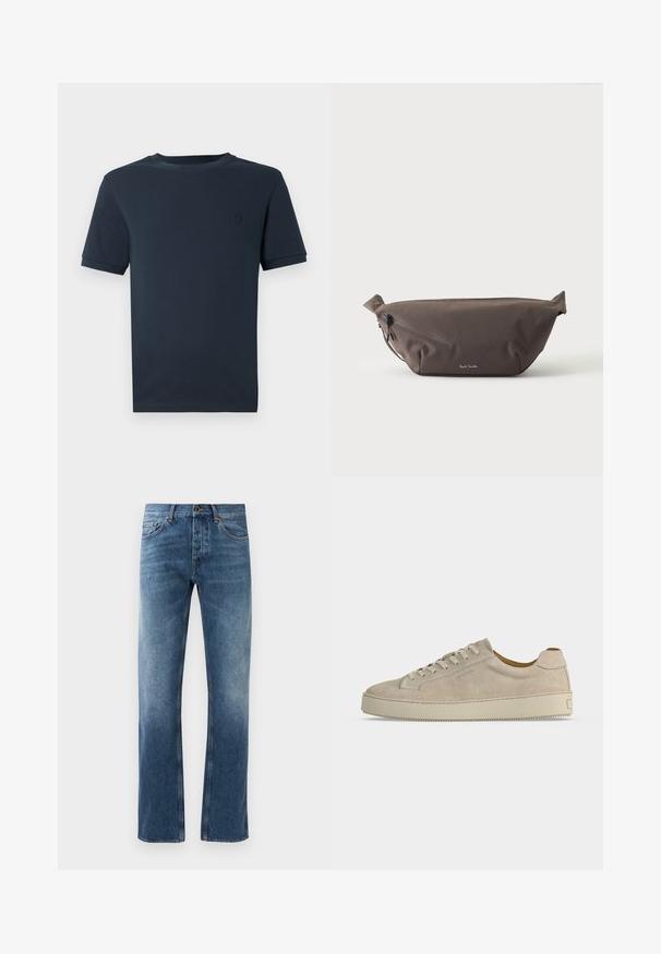Mørkeblå bomulds t-shirt med korte ærmer, rund hals og et lille tekstureret logo på venstre brystområde. Glat stoffinish.; Blå denim jeans med lige ben design, falmede vask, fem lommer og kontrastsyning. Knap- og lynlås-lukning i taljen.; Beige ruskind lavtop sneaker med snørelukning og tyk gummisål, vist fra siden på en ensfarvet hvid baggrund.; Mørkebrun stof talje taske med diagonalt lynlåslomme og lille hvidt logo på fronten, sat mod en ensfarvet lys baggrund.