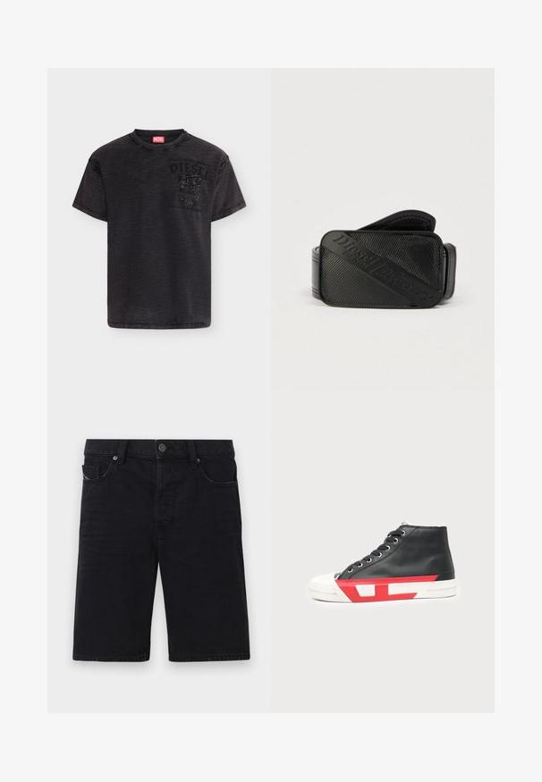 Sort Diesel T-shirt med korte ærmer, lille brystlomme og falmet logotryk på øverste venstre foran, vist mod en ensfarvet baggrund.; Sorte denim shorts med lige snit, fem lommer, metal detaljer og synlige søm. Blød tekstur og enkelt design.; Sort højtop-sneaker med hvid gummitå og sål, med røde geometriske accenter langs sålen.; Sort bælte med et struktureret design og et fremtrædende præget logo. Materialet virker glat med en læderlignende finish.