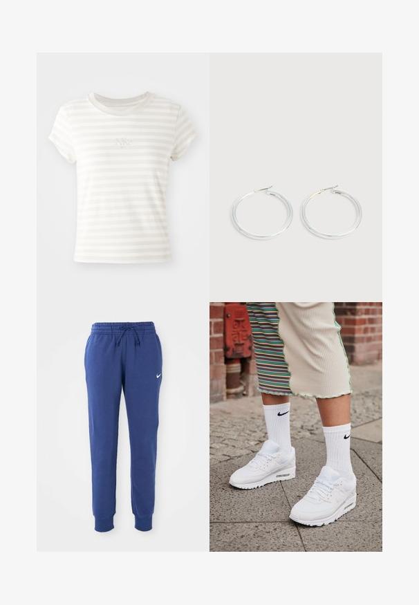 Hvidstribet kortærmet t-shirt lavet af blød bomuld. Har en rund halsudskæring og et lille broderet Nike-logo på brystet.; Blå Nike sweatpants med elastisk talje, snøre, afsluttende ankler og hvid Nike swoosh-logo på venstre lår.; Hvide Nike Air Max 90 sneakers med mesh og læderoverdel, der har en synlig luftenhed, parret med hvide ribbede sokker med sort logo.; Par skinnende sølvøreringe med tynde trådlåse, vist på en lys grå baggrund.