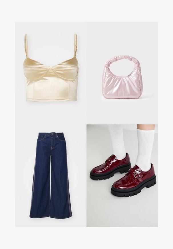 Satin crop top i lys guld med tynde stropper, der har et bredt bånd, strukturerede skåle og sømløst design for et glat udseende.; Bredde ben denimbukser i mørkeblå, med kontrasterende syninger og høj talje. Stoffet er robust med en glat tekstur.; Bordeaux patent læder sko med en kraftig sort sål, dobbelt rem med hjerte detalje og ribbede hvide sokker. Retro design med tykkere greb.; Rosa, polstret håndtaske med afrundet design, lavet af skinnende materiale. Har et samlet håndtag og en lynlås til sikker adgang.