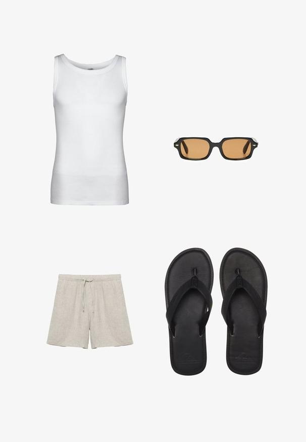 Débardeur blanc côtelé sans manches avec encolure ronde et ourlet droit, présenté sur un fond uni.; Shorts en lin beige clair avec taille élastique et cordon de serrage, coupe droite, sans marque visible ni motifs.; Tongs noires en matériau lisse, avec une sangle de style entre-doigts, un semelle texturée, et un logo en relief sur la semelle.; Lunettes de soleil rectangulaires noires avec des verres teintés ambre et de petits accents métalliques en forme de diamant sur les coins avant de la monture.