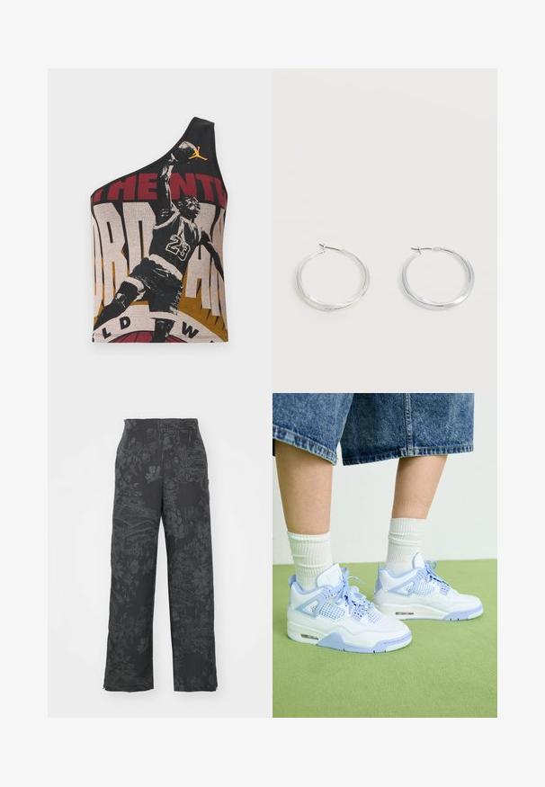 Asymmetrisk sort tanktop med grafisk tryk, der viser en basketballspiller, tekstureret stof og kontrasterende røde, beige og gyldne farver.; Sorte bukser med et tekstureret blomstermønster i en lidt mørkere nuance. Lige ben-design med en mid-rise talje og ingen synlig hardware.; Hvide og lyseblå sneakers med mesh-detaljer, rund tå, snørebånd og en luftdæmpningsenhed, parret med hvide ribbede sokker og denimshorts.; Sølvfarvede metaloorringe med glat, let buet overflade og låsemekanisme på en ensfarvet hvid baggrund.