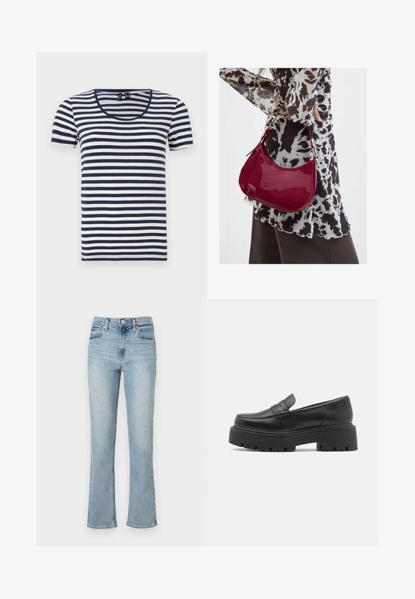 Stribet T-shirt med korte ærmer, der har marineblå og hvide vandrette striber, en rund halsudskæring og et blødt bomuldsstof.; Lyseblå denimjeans med høj talje, lige ben og let flare ved sømmen. Har bæltestropper samt for- og baglommer.; Sorte læder loafers med en lav, grov gummi sål, syede detaljer på overdelen og en glat overflade.; Kvinde iført en sort- og hvidmønstret bluse, der holder en blank rød skuldertaske mod en ensfarvet baggrund.