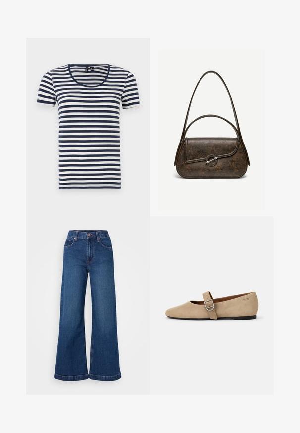 Stribet T-shirt med korte ærmer, der har marineblå og hvide vandrette striber, en rund halsudskæring og et blødt bomuldsstof.; Bredde denim jeans i mørkeblå, med høj talje, fem-lommes design og opsmøgede bukseben. Glat tekstur med diskrete sy-detaljer.; Beige ruskind Mary Jane flade sko med spids tå og et enkelt justerbart strop med en sølv spænde. Sort flad sål.; Mørkebrun tekstureret læderhåndtaske med to stropper, afrundet rektangulær form og sølvfarvet cirkulært låsespænde på frontklap.