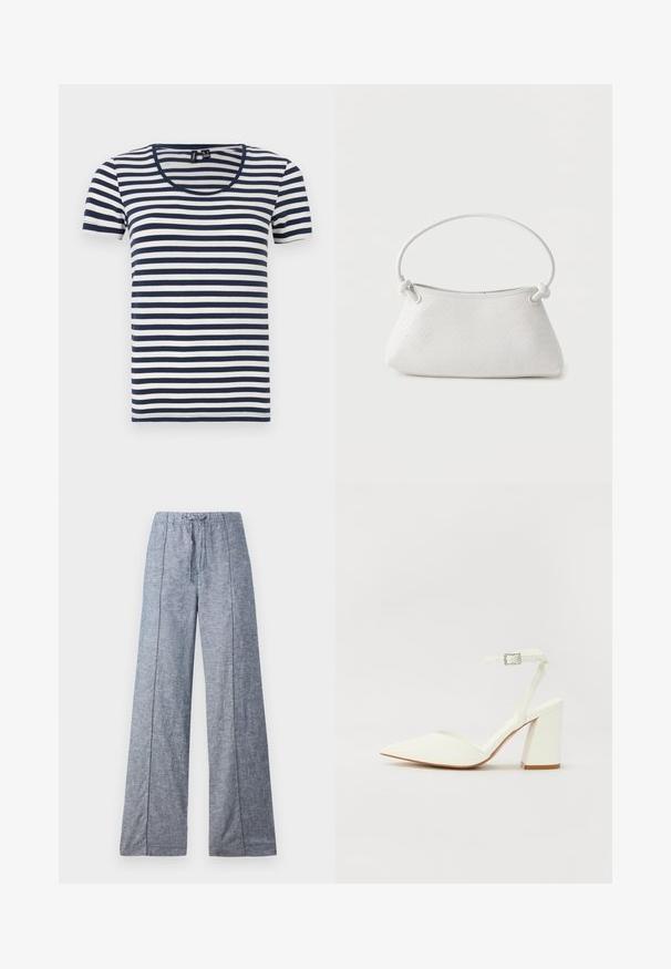 T-shirt rayé à manches courtes, avec des rayures horizontales bleu marine et blanches, un col rond et un tissu doux en coton.; Pantalons larges en tissu bleu clair avec une texture subtile, dotés d'une taille élastiquée et d'un cordon de serrage pour l'ajustement.; Sandale blanche à talon avec un bout pointu, sangle de cheville réglable et un talon carré épais. Texture lisse avec des détails de couture minimaux.; Sac à main en cuir tressé blanc avec poignée arrondie et extrémités de lanière nouées, présenté sur un fond uni.