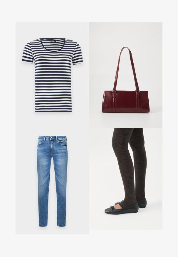 Gestreept T-shirt met korte mouwen, voorzien van marineblauwe en witte horizontale strepen, een ronde halslijn en een zachte katoenen stof.; Lichtblauwe denim jeans met een slim fit. Kenmerken zijn een knoopsluiting, vijf zakken en een gewassen textuur op de dijen.; Benen met donkere geribbelde leggings gecombineerd met zwarte ballerina's met kleine strikdetails op een witte achtergrond.; Bourgondische handtas van glanzend materiaal, rechthoekige vorm, met twee schouderbanden en subtiele gebogen accenten aan de voorkant.