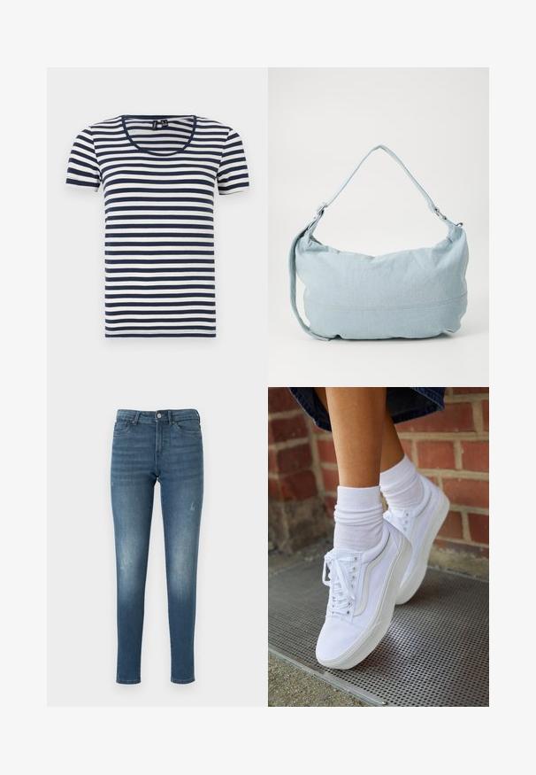 Stribet T-shirt med korte ærmer, der har marineblå og hvide vandrette striber, en rund halsudskæring og et blødt bomuldsstof.; Blå denimjeans med slim fit, med slidte områder, fem lommer og knaplukning. Stoffet har en glat, let slidt tekstur.; Hvide lærreds sneakers med gummisåler, der har seks snørehuller, rund tå og let sømdetaljer, krydret med hvide ankelstrømper.; Lysblå denim skuldertaske i en rund form, justerbar rem og diskret syning langs den nederste kant. Blød tekstur.