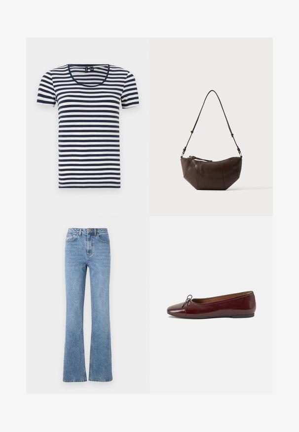 Stribet T-shirt med korte ærmer, der har marineblå og hvide vandrette striber, en rund halsudskæring og et blødt bomuldsstof.; Lys blå denimjeans med en flared benedesign, høj talje og minimal hardware. Har klassisk fem-lomme stil og diskret syning.; Bordeaux patentlæder balletflad med rund tå, lille sløjfeaccent foran og en lav, sort gummisål. Glat tekstur.; Brun læder skuldertaske med buet bund og justerbar rem mod en ensfarvet lys baggrund.