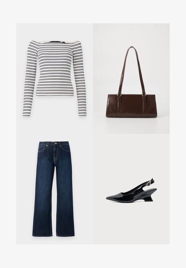Haut à manches longues rayé avec un design ajusté. Fond blanc avec des rayures horizontales navy. Texture ribbed douce et décolleté en décalé.; Jeans en denim bleu foncé à jambe large, avec une fermeture éclair, un bouton, et deux poches avant avec des coutures contrastantes.; Chaussure slingback en cuir verni noir avec bout pointu et petit talon bloc incliné sur fond clair uni.; Sac à main en cuir verni marron de forme rectangulaire, avec deux longues poignées et des accents courbés subtils à l'avant.