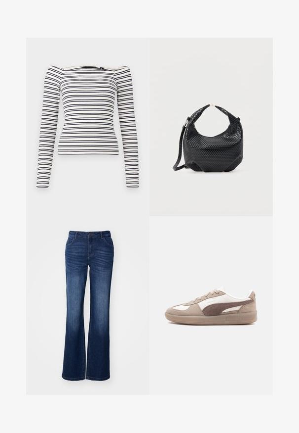 Stribet langærmet top med en tætsiddende design. Hvid bund med marineblå vandrette striber. Blød ribbet tekstur og off-the-shoulder halsudskæring.; Blå denim flared jeans med en mid-rise talje, fem lommer og subtilt slid ved lårene. Har en frontknap og lynlås lukning.; Tan og beige sneakers med overdel i ruskind og læder, rund tå, snørelukning foran og en gennemsigtig sål med PUMA-branding.; Sort flettet læderhåndtaske med kort håndtag og aftagelig skulderrem, vist mod en ensfarvet lys baggrund.