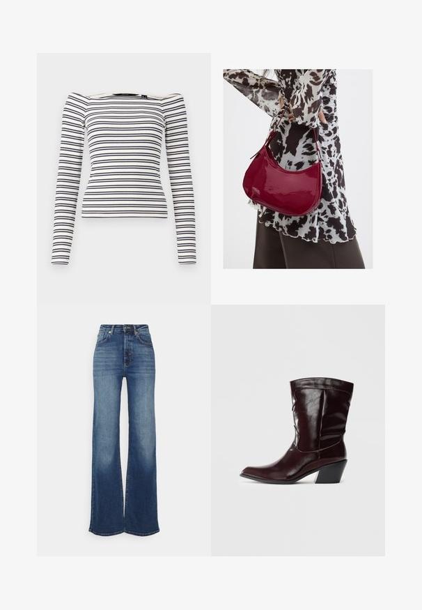 Stribet langærmet top med en tætsiddende design. Hvid bund med marineblå vandrette striber. Blød ribbet tekstur og off-the-shoulder halsudskæring.; Bredde ben jeans i mellemblå denim. Højtaljede med en glat overflade, falmede foran og subtile syninger. Lukket i taljen med en knap.; Bordeaux læder ankelstøvler med spids tå, tekstureret overflade og en lav, taperet hæl. Har diskrete søm og en tætsiddende pasform.; Kvinde iført en sort- og hvidmønstret bluse, der holder en blank rød skuldertaske mod en ensfarvet baggrund.