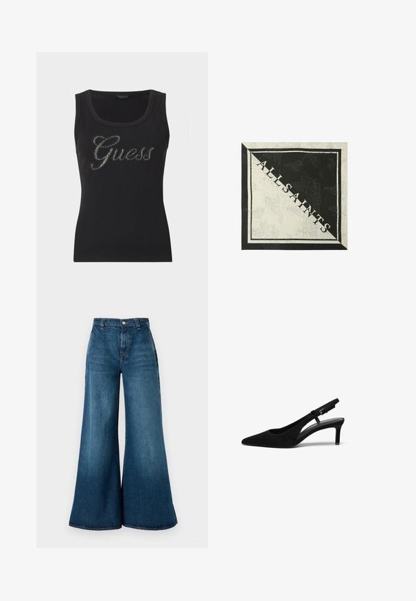 Schwarzes, geripptes, ärmelloses Tanktop mit Rundhalsausschnitt, mit dem Wort "Guess" in Strasssteinen und "est. 1981" in kleinem Text darunter.; Weite Taillenjeans aus Denim in dunkelblauem Waschung, mit hoher Taille, vorderem Knopfverschluss und klassischem Fünf-Taschen-Design. Glatte Textur.; Schwarzer Wildlederslingback-Schuh mit spitzem Zehenbereich, niedrigem Absatz, offenen Seiten und verstellbarem Riemen mit einer Metallschnalle. Glatte Textur.; Quadratisches Tuch mit schwarzen und weißen diagonalen Hälften, schwarzem Rand und dem Schriftzug "ALLSAINTS" diagonal in weißen Buchstaben.