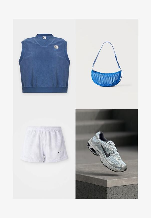Modrá tielková vesta Nike z uterákovej tkaniny s výstrihom do V a malým vyšívaným bielym a modrým logom na hornej ľavej strane hrudníka.; Biele, rebrované športové šortky s elastickým pásom a malým čiernym logom Nike na dolnej ľavej strane. Jednoduchý, minimalistický dizajn.; Bielo-sivá bežecká topánka Nike s čiernym logom vznášajúca sa nad betónovým hranolom na rozmazanom sivom pozadí.; Modrá sieťovaná taška cez rameno s nastaviteľným popruhom a zipsovým zapínaním, zobrazená na jednoduchom bielom pozadí.