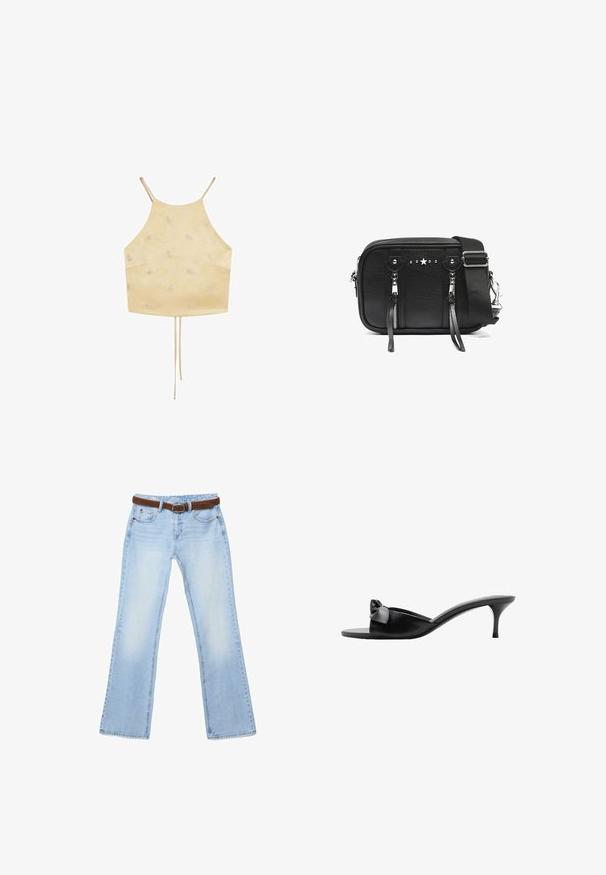 Beige crop top ohuilla olkaimilla ja hienovaraisella kirjotulla kukkakuviolla, edestä keskeltä roikkuvilla kiristysnyöreillä.; Vaaleansiniset suorat farkut, haalistuneella pesulla ja ruskea nahkavyö pujotettuna lenkkien läpi, asetettuna valkoiselle taustalle.; Mustat nahkakengät, joissa on solkivetoketju, avoin varvas ja ohut korkea korko. Silkkinen pinta ja minimalistinen muotoilu.; Musta nahkainen olkalaukku säädettävällä leveällä hihnalla, kaksi etutaskua vetoketjulla, hopeiset tähti- ja niittikoristeet sekä nahkaiset vetoketjun vedinten.