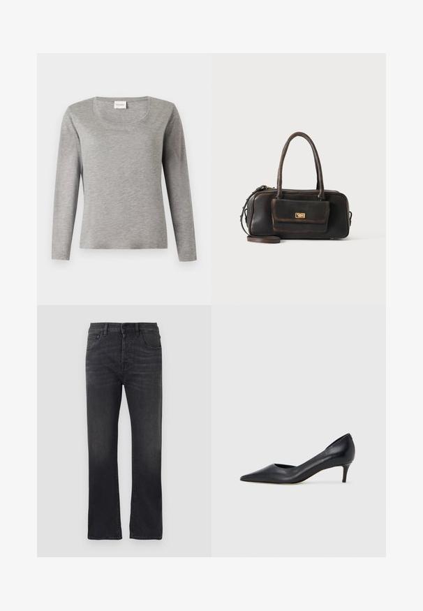 Lysegrå langærmet skjorte med rund halsudskæring og et lille hvidt mærke med teksten "CLOSED" i kraven.; Sorte denimjeans med lige ben, der har et klassisk fem-lomme design, knaplukning og subtilt slid på stoffet.; Sort læderpumpe med spids tå og lav hæl. Har en glat tekstur og subtil glans. Åben udskæring foran for ekstra detalje.; Mørkebrun lædertaske med to håndtag, en forlomme med en guldlås og en aftagelig skulderrem på en ensfarvet baggrund.
