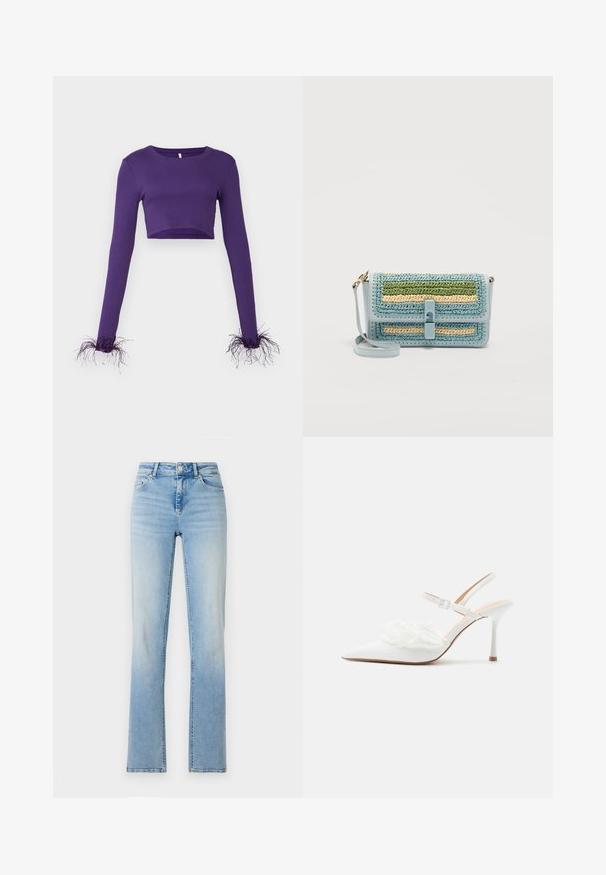 Lilla kortærmet top med lange ærmer lavet af ribbet stof, med gennemsigtige, fritlagte detaljer ved manchetterne for ekstra tekstur.; Lyseblå denimjeans med høj talje, lige ben og subtilt slid. Har fem lommer og bæltestropper.; Hvid stilet med spids tå, slingback med ankelrem og dekorative perler samt blonder foran.; Lyseblå skuldertaske med vævede grønne, beige og blå striber, en forreste lås og en guldfarvet metalstropfastgørelse.