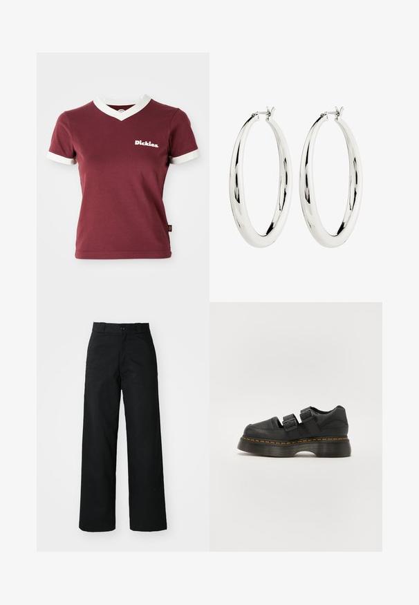 Bourgogne V-hals t-shirt med hvid ribkant ved halsen og ærmekanterne. Har et hvidt "Dickies" logo på venstre bryst. Lavet af bomuldsmateriale, tætsiddende design.; Sorte vide bukser med flad front, knaplukning og bæltestropper. Fremstillet af holdbart stof med en glat tekstur.; Sorte lædersko med to justerbare spænder, forhøjet tekstureret sål og synlig orange syning langs mellemsålen.; Sølv hoops øreringe med en glat, reflekterende overflade. Rund, stor form med en sikker lås øverst. Den polerede finish fremhæver glansen.
