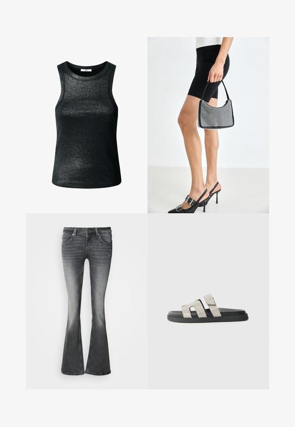Haut noir sans manches en tissu scintillant et texturé. Présente un col rond et une coupe ajustée, adapté pour un port décontracté ou en superposition.; Jean en denim gris foncé délavé avec légère usure, style à cinq poches et jambes évasées.; Sandale à semelle noire avec deux bandes verticales ornées de strass argentés, design plat, texture en caoutchouc et motif de semelle subtil.; Sac à main à perles noires avec une silhouette courbée, une poignée de transport et une texture brillante. Porté avec des chaussures à talons hauts noires et un short noir ajusté.