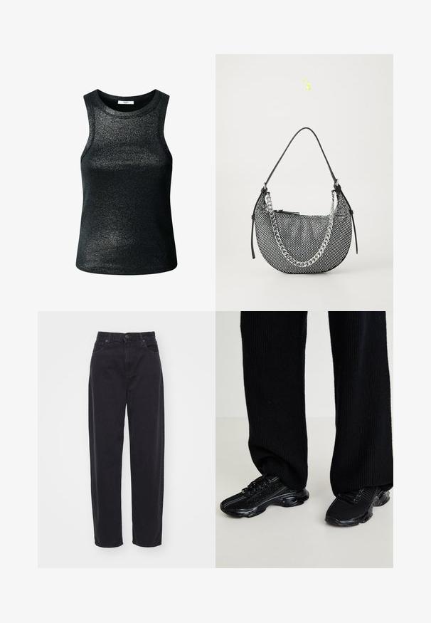 Haut noir sans manches en tissu scintillant et texturé. Présente un col rond et une coupe ajustée, adapté pour un port décontracté ou en superposition.; Jeans noirs taille haute en denim. Design à jambes droites avec fermeture à bouton et à zip. Présente des poches frontales et une coupe classique.; Baskets noires avec une tige en tricot texturé, forme élégante et semelle noire brillante, présentant des accents réfléchissants subtils et un système de laçage.; Sac à main en mesh noir de forme croissant, avec une bandoulière en chaîne argentée et des accents en cuir noir. Surface texturée avec une fermeture éclair.