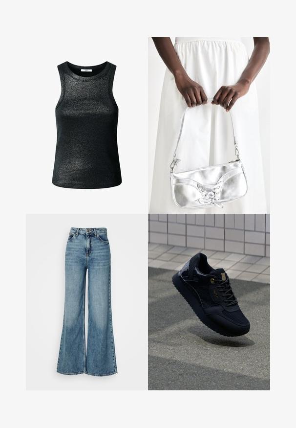 Haut noir sans manches en tissu scintillant et texturé. Présente un col rond et une coupe ajustée, adapté pour un port décontracté ou en superposition.; Jean en denim taille haute, bleu clair, à jambes larges, avec poches avant et fermeture à bouton, présenté sur un fond blanc uni.; Baskets noires avec une tige en mesh, des accents brillants, des éléments en or, une semelle texturée et un col rembourré pour le confort.; Sac à main en métal argenté avec un détail à lacets, arborant un design épuré et une courte sangle. Le sac est tenu dans les mains, mettant en valeur sa texture.