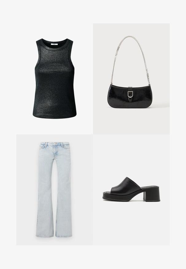 Haut noir sans manches en tissu scintillant et texturé. Présente un col rond et une coupe ajustée, adapté pour un port décontracté ou en superposition.; Jean flare bleu clair en denim. Doté d'une taille avec bouton en métal, d'un design à cinq poches et d'un délavage subtil sur l'ensemble.; Mules à plateforme en cuir noir avec un bout ouvert rond, un petit talon carré et une texture lisse. Design minimaliste avec des lignes épurées.; Sac à épaule en cuir verni noir avec détail de boucle argentée et bandoulière en chaîne argentée, présenté sur un fond uni clair.