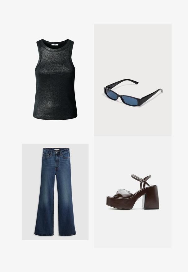 Top negro sin mangas hecho de una tela brillante y texturizada. Cuenta con un escote redondo y una forma ajustada, adecuado para uso casual o para llevar en capas.; Jeans de pierna ancha en denim azul oscuro, con una cintura alta, diseño de cinco bolsillos y costuras en contraste a lo largo de las costuras y la cinturilla.; Sandalia de plataforma de cuero marrón oscuro con tacón grueso de bloque, puntera abierta y correa ajustable en el tobillo con hebilla metálica.; Gafas de sol negras con una elegante montura rectangular y lentes azules. Presentan una textura suave y varillas resistentes. Logo de la marca en el costado.