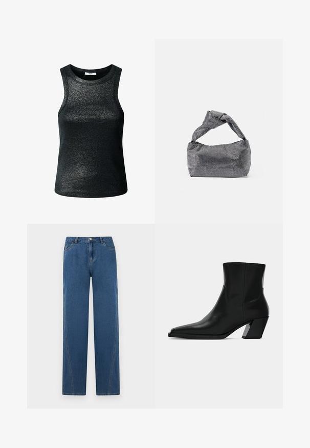 Top negro sin mangas hecho de una tela brillante y texturizada. Cuenta con un escote redondo y una forma ajustada, adecuado para uso casual o para llevar en capas.; Jeans de denim azul con un diseño de pierna recta, que cuentan con cinco bolsillos, un cierre de botón en la parte delantera y detalles de costura a lo largo de las costuras.; Bota de tobillo de cuero negro con punta afilada, una silueta elegante y un tacón cuadrado grueso. Textura suave con detalles de costura mínimos.; Bolso de mano negro y plateado con una superficie texturizada que presenta un patrón de diamante, un asa anudada y una forma estructurada.