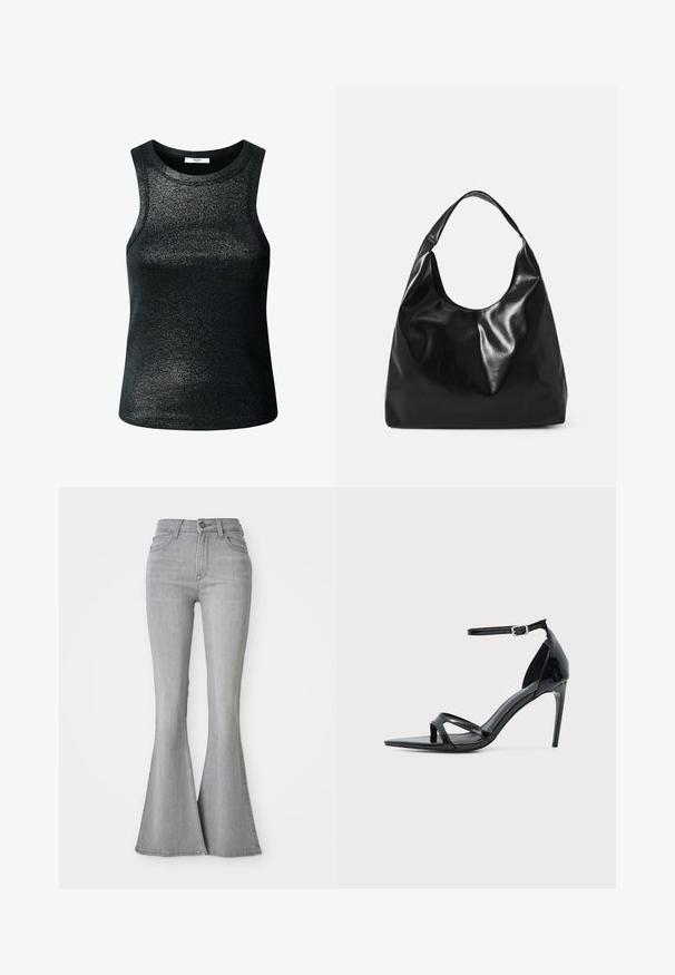 Sort, ærmeløs top lavet af et skinnende, tekstureret stof. Har en rund halsudskæring og en tætsiddende form, velegnet til afslappet eller lag-på-lag brug.; Højtaljede lysegrå denim jeans med flared ben, frontknap, lynlås og for- samt baglommer.; Sort laklædersandal med høje hæle, tynd ankelrem, åben tå og minimalistisk design på en ensfarvet lys baggrund.; Sort læder hobo taske med en blød, skinnende tekstur og en rund, åben top. Har en bred, buet strop til bæring. Ingen synlig hardware.