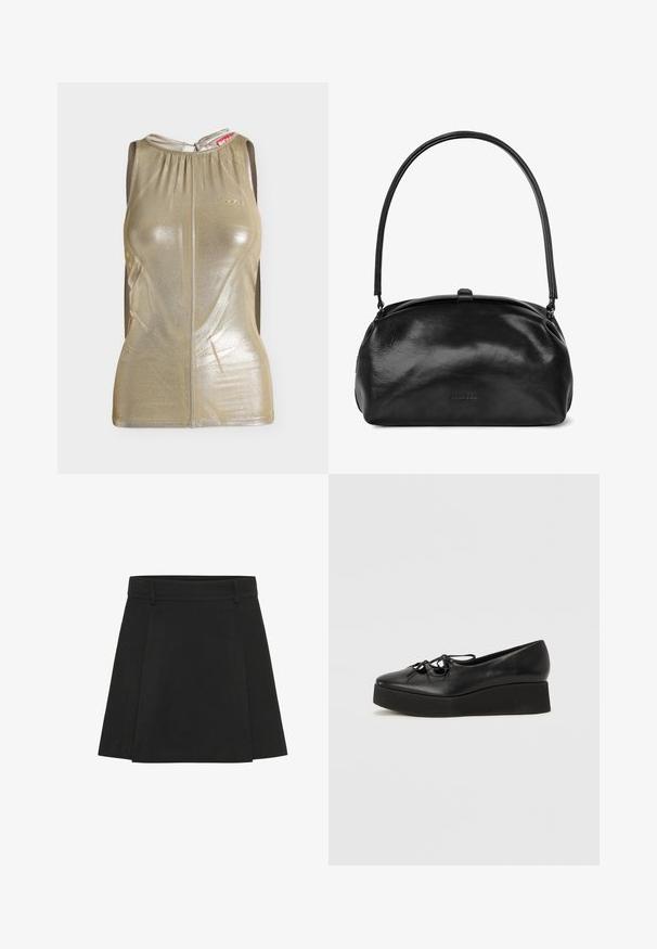 Mouwloze metallic gouden nauwsluitende top met ronde halslijn en keyhole striksluiting aan de achterkant, met een subtiele textuur en logo op de borst.; Zwarte plissé rok met een gestructureerde tailleband. Gemaakt van een textuurstof, het heeft duidelijke vouwen en een rechte zoom.; Zwarte leren plateau-schoenen met een ronde neus, voorzien van een platte zwarte zool en decoratieve strikveters aan de voorkant.; BALAGAN HUG - Handtas - black