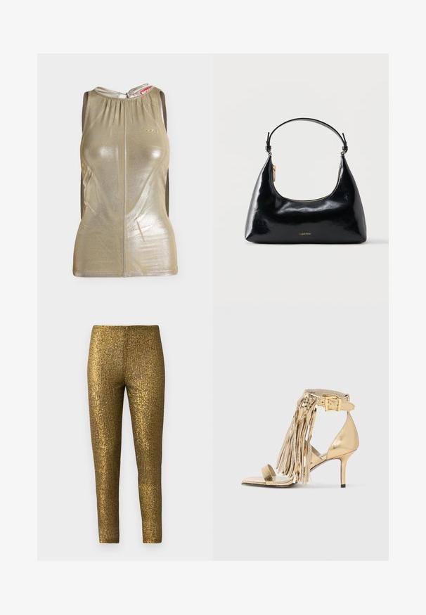 Mouwloze metallic gouden nauwsluitende top met ronde halslijn en keyhole striksluiting aan de achterkant, met een subtiele textuur en logo op de borst.; Gouden metallic legging met een getextureerd, verticaal streep patroon. De stof heeft een glanzende afwerking en een slanke, aansluitende pasvorm.; Gouden hoge hak sandalen met franjes, een enkelbandje met een gesp en een slanke stilettohak. Gladde metallic afwerking.; Zwarte glanzende Calvin Klein handtas met gouden rits en korte band tegen een effen witte achtergrond.