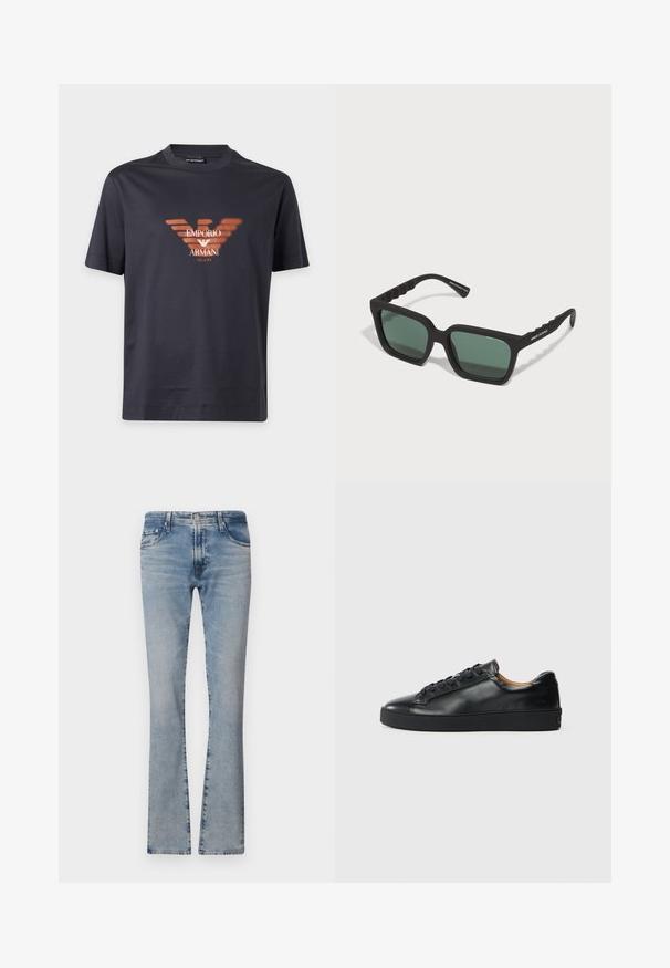 Schwarzes T-Shirt mit kurzen Ärmeln, verschwommenem orangefarbenem Emporio Armani Adler-Logo und weißem Text "EMPORIO ARMANI MILANO" mittig auf der Vorderseite.; Hellblaue, ausgestellte Jeans aus Denim mit mittelhohem Bund, fünf Taschen und einem verblassten Finish, ausgestattet mit einem Reißverschluss und einem Metallknopfverschluss.; Schwarze Leder-Sneaker mit glatter Textur, runder Zehenpartie und Schnürverschluss. Verfügt über eine dicke Gummisohle und minimalistische Marken-Details.; Armani Exchange Sonnenbrille - matte black