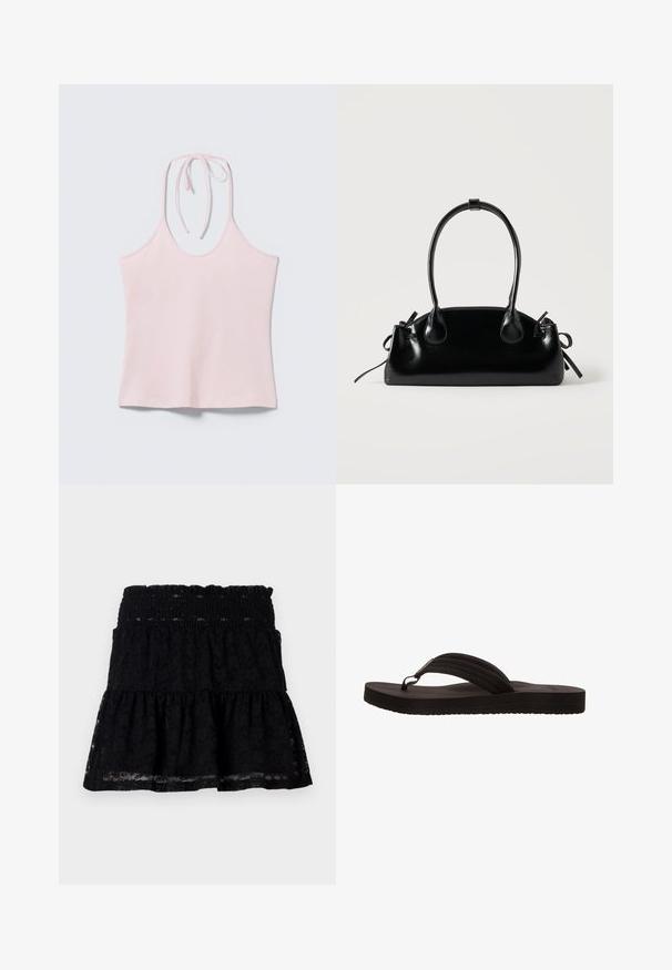 Top de tirantes halter rosa claro con tiras delgadas atadas al cuello, sin mangas y hecho de tela suave.; Falda negra de encaje con una cinturilla fruncida. Presenta un diseño acampanado y en capas, con una textura transparente que crea una apariencia de capas.; Chancla negra con suela de goma, que presenta un diseño de sola tira con tres ranuras horizontales. Textura plana y suave sin patrones adicionales.; Pequeño bolso negro brillante con dos asas largas y detalles de cordón lateral sobre un fondo claro liso.
