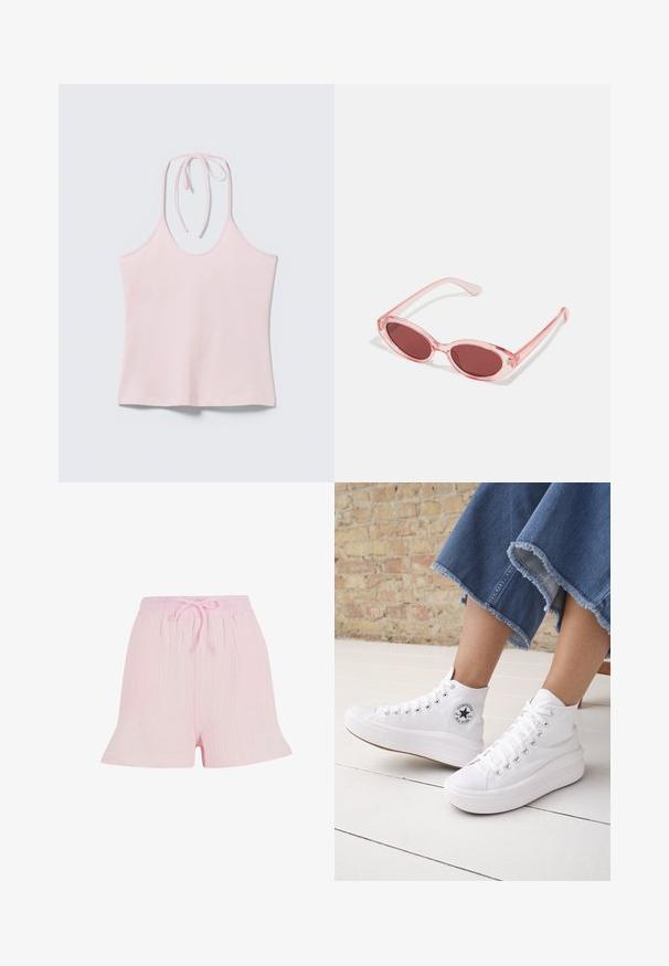 Lyserød halterneck tanktop med tynde stropper bundet ved nakken, ærmeløs og lavet af glat stof.; Lyserøde shorts lavet af tekstureret stof, med en elastisk talje og snoretræk samt en afslappet, udfladet silhuet.; Person iført hvide høje Converse-sneakers med tykke såler og beskårne blå jeans med flossede kanter mod en murstensvæg og hvidt gulv.; Lyserøde transparente solbriller med ovale linser, mørkerød toning og slanke stænger, der har en glat overflade og diskret detaljering på rammen.