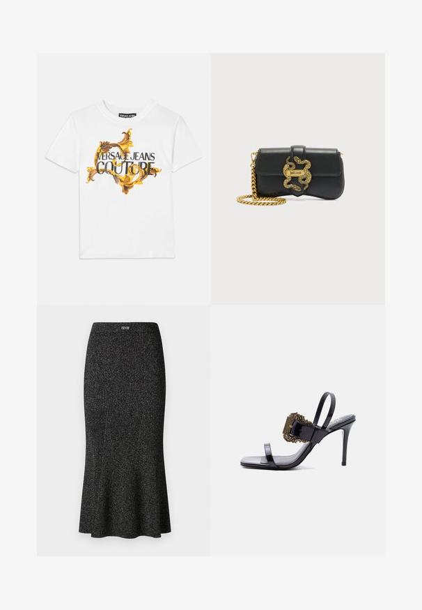 Valge puuvillane t-särk, millel on kullakarva ja pruuni barokkmustrit, kus on selgelt välja toodud mustade tähtedega "VERSACE JEANS COUTURE".; Musthave ribaldis midi seelik venivast kangast, hiljem laienev, peene sära ja elastne vöökoht, mille ülaosas on logo aktsent.; Mustast lakknahast kõrge kontsaga sandaal, õhukeste rihmade ja suure kaunistatud kuldse pandlaga esimesel rihmal.; Must nahast õlakott kuldse ketiga ja dekoratiivse kuldse madu pandlaga, millel on "Just Cavalli" logo.