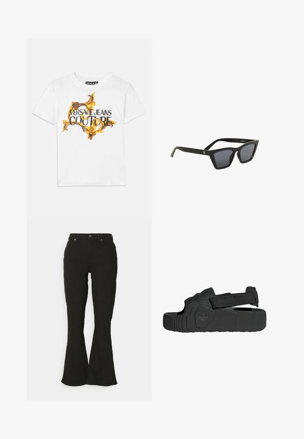 Biele bavlnené tričko s gold a hnedým barokovým vzorom, s výrazným nápisom "VERSACE JEANS COUTURE" v čiernych písmenách.; Čierne rozšírené džínsy s hladkou textúrou, piatimi vreckami a predným zapínaním na gombík. Majú priliehavý pás, ktorý prechádza do širokých nohavíc.; Čierne sandále vyrobené z textúrovanej gumy s širokým remienkom a nastaviteľným suchým zipsom. Majú vzorovanú podrážku a detail s logom značky.; Čierne slnečné okuliare v tvare mačacích očí s tmavými tónovanými šošovkami. Vyrobené z lesklého plastu, majú výrazný tvar a jemné logo značky na ráme.