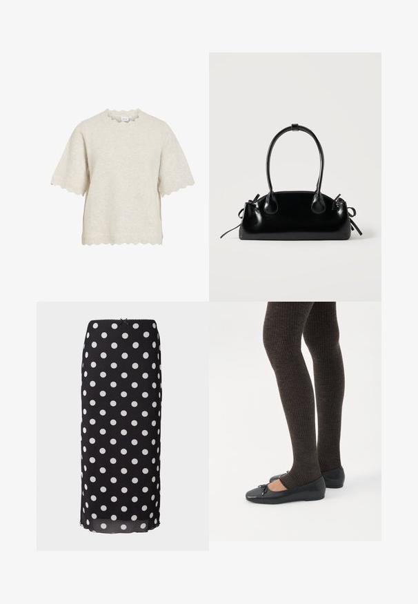 Beige kortærmet striktop med bølgede kanter på ærmer, kant og halsudskæring, lavet af VILA-mærket.; Sort midiskirt med prikket mønster lavet af letvægtsstof med hvide cirkulære mønstre, som har en tætsiddende talje og en subtil scalloped kant.; Ben iført mørke ribbede leggings kombineret med sorte balletsko med små sløjfedetaljer på hvid baggrund.; Lille sort blank håndtaske med to lange håndtag og snøre-detaljer i siden på en ensfarvet lys baggrund.