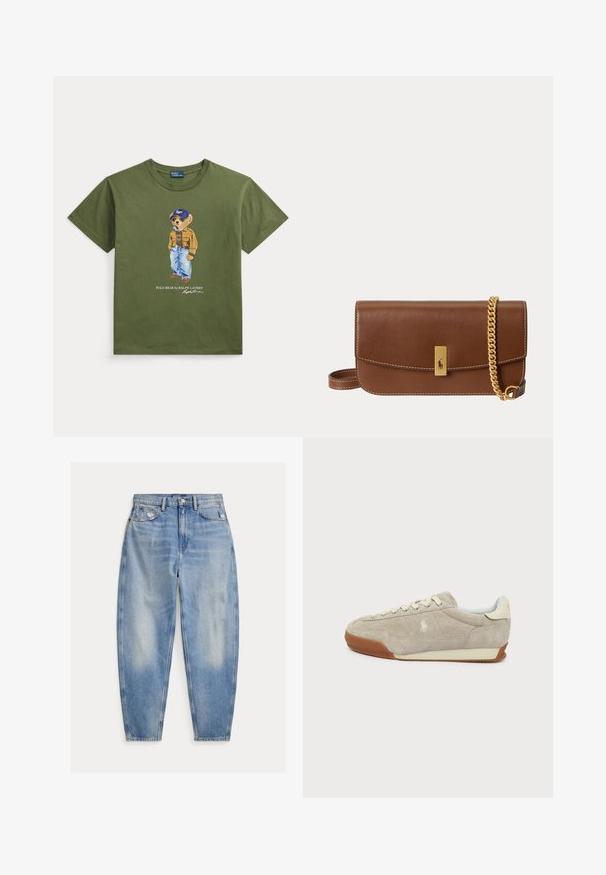 Olivengrøn t-shirt med en grafik af en bjørn iført solbriller, kasket, brun jakke og blå jeans, med teksten Polo Bear af Ralph Lauren.; Lyseblå cowboybukser med høj talje med let falmning og slid nær forlommerne, fem-lomme stil og tilspidsede ben.; Beige ruskind lavt sneaker med hvide snørebånd, brun gummisål og et lille broderet logo på siden.; Brun læderhåndtaske med guldkæde og rektangulær guldlås med et lille præget logo på frontklappen.