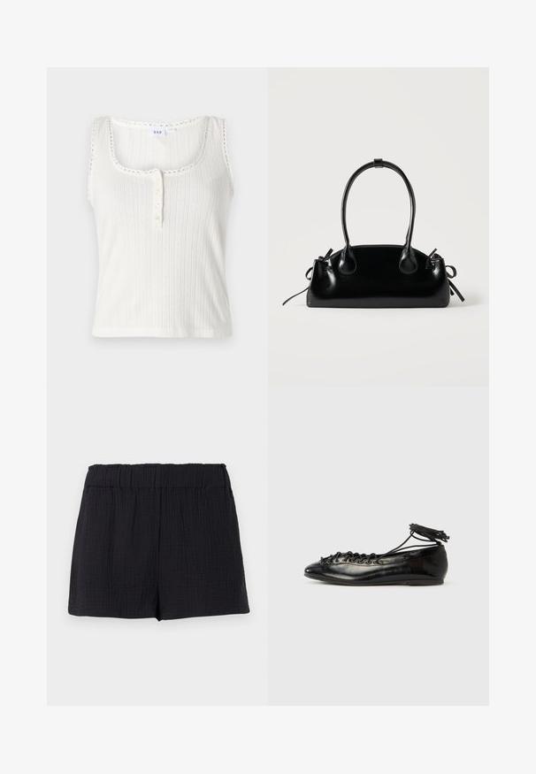 Débardeur blanc côtelé avec une encolure dégagée, un bord festonné et une patte de boutonnage à cinq boutons. Présente des rayures verticales texturées.; Shorts en tissu noir texturé avec une taille élastique et une coupe ample et décontractée.; Ballerines en cuir verni noir avec un bout rond, un design à lacets et une semelle plate. Texture lisse avec peu de détails.; Petit sac à main noir brillant avec deux longues anses et des détails à cordon sur les côtés sur un fond clair uni.