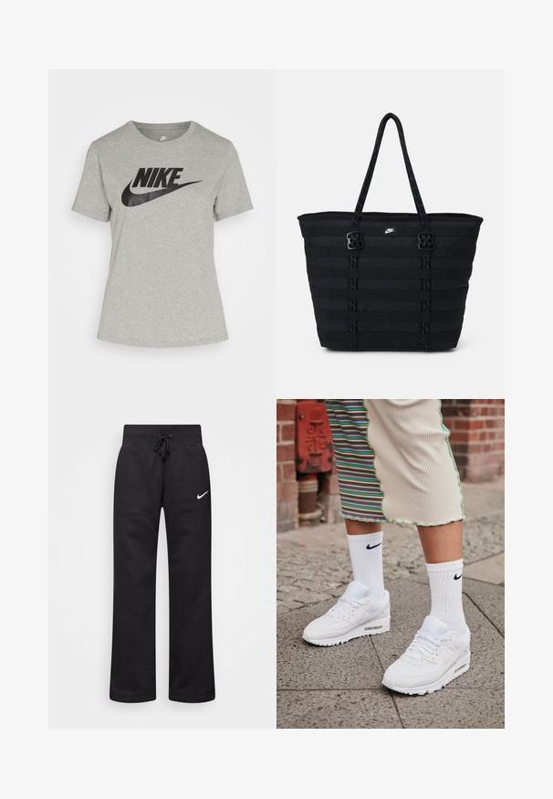 Camiseta de algodón gris con un logo negro de Nike en el pecho. Mangas cortas y un diseño clásico de cuello redondo.; Pantalones de chándal negros hechos de una mezcla de algodón, con una cintura elástica ajustable, piernas rectas y un logo blanco de Nike en el lado izquierdo.; Zapatillas Nike Air Max 90 blancas con parte superior de malla y cuero, que cuentan con una unidad de aire visible, combinadas con calcetines blancos con relieve y logotipo negro.; Bolso tote de nailon negro con diseño de cintas horizontales, asas dobles y dos acentos decorativos de hardware. Pequeño logotipo en la parte frontal.